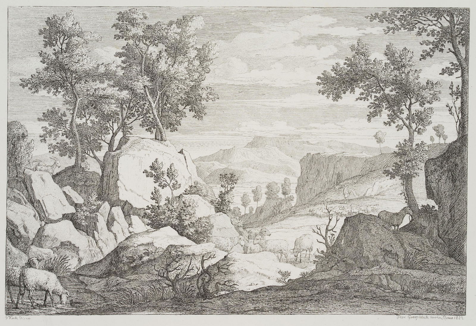 F.GROSPIETSCH(*1789) after J.Koch (*1768): Shepherd: Florian Grospietsch (1789 Protzau - nach 1830 Rom) after Joseph Anton Koch (1768-1839): Shepherd idyll, 1821, Copper Engraving Technique: Copper Engraving on paper Size: 6 3/4 x 10 1/4 in, Plate: 7 1