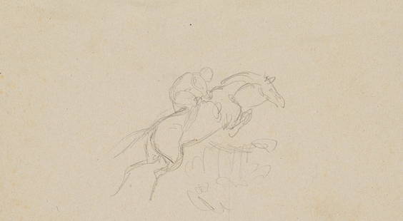 F.LOSSOW(*1837), Study of a horse and rider jumping,: Friedrich Lossow (1837 München - 1872 München), Study of a horse and rider jumping, 19th century, Pencil drawing Technique: Pencil drawing on paper, mounted on paper Size: 3 1/2 x 6 1/2 in