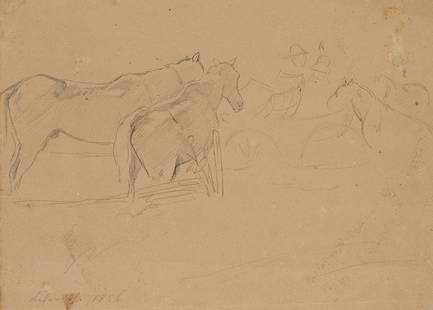 F.LOSSOW(*1837), Study, Carriage on horse paddock,: Friedrich Lossow (1837 München - 1872 München), Study, Carriage on horse paddock, 1856, Pencil drawing Technique: Pencil drawing on paper Size: 6 1/2 x 8 3/4 in Inscription: lower left