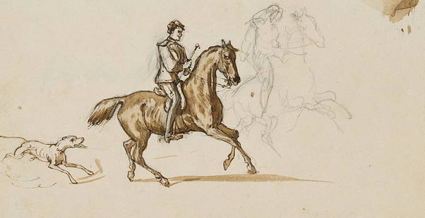 F.LOSSOW(*1837), Study, Two horsemen with a hunting: Friedrich Lossow (1837 München - 1872 München), Study, Two horsemen with a hunting dog, 19th century, washed Indian ink over Pencil drawing Technique: Washed Indian ink over Pencil drawing