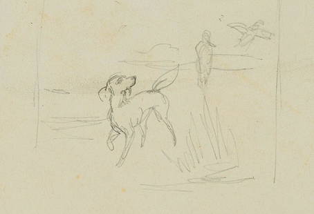 F.LOSSOW(*1837), Study, Hunting dog with two birds,: Friedrich Lossow (1837 München - 1872 München), Study, Hunting dog with two birds, 19th century, Pencil drawing Technique: Pencil drawing on paper, mounted on paper Size: 3 1/2 x 6 in Condit