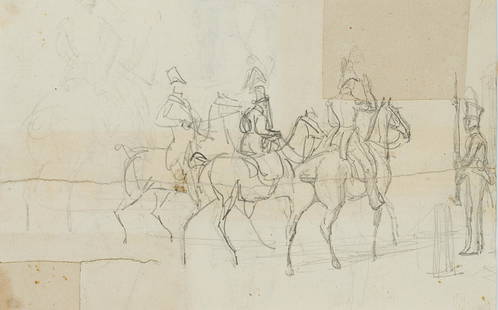 F.LOSSOW(*1837), Study, Officers on horses, 19th: Friedrich Lossow (1837 München - 1872 München), Study, Officers on horses, 19th century, Pencil drawing Technique: Pencil drawing on paper Size: 5 x 7 2/3 in Inscription: Verso: Fragmented