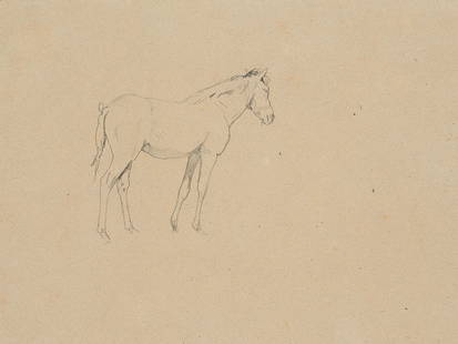 F.LOSSOW(*1837), Study of a standing horse, 19th: Friedrich Lossow (1837 München - 1872 München), Study of a standing horse, 19th century, Pencil drawing Technique: Pencil drawing on paper, mounted on paper Size: 7 1/4 x 9 in Inscription: V