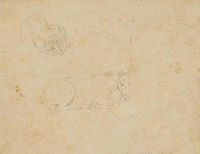 F.LOSSOW(*1837), Study of two lying horses, 1856,: Friedrich Lossow (1837 München - 1872 München), Study of two lying horses, 1856, Pencil drawing Technique: Pencil drawing on paper, mounted on paper Size: 7 x 8 2/3 in Inscription: lower