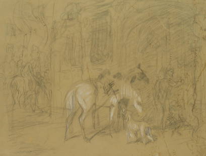 F.LOSSOW(*1837), Study, Waiting horses with dog in: Friedrich Lossow (1837 München - 1872 München), Study, Waiting horses with dog in front of a town house, 19th century, Charcoal and white heightening Technique: Charcoal and white