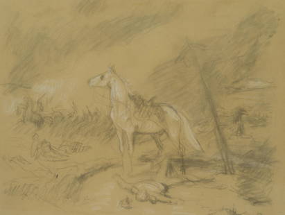 F.LOSSOW(*1837), Study of a battle, Horse with fallen: Friedrich Lossow (1837 München - 1872 München), Study of a battle, Horse with fallen rider, 19th century, Charcoal and white heightening Technique: Charcoal and white heightening on paper,