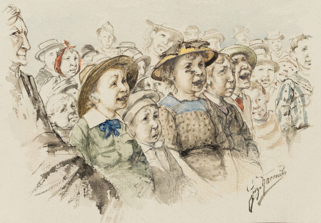 H.HAVENITH(*1853), In the theatre, c. 1914, Watercolor: Hugo Havenith (*1853 London), In the theatre, c. 1914, Watercolor over Pencil drawing Technique: Watercolor over Pencil drawing on paper, mounted on cardboard Size: 5 x 7 1/2 in Inscription: lower rig