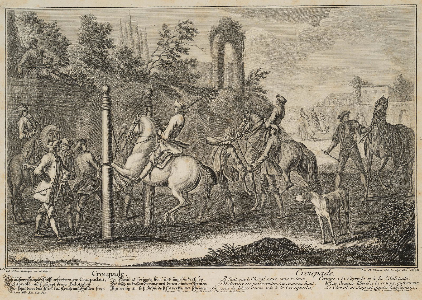 J.PROBST(*1673) after Ridinger, New horsemanship,: Johann Balthasar Probst (1673 - 1750) after RIDINGER, New horsemanship, Croupade, No. 20, 1722, Copper Engraving Technique: Copper Engraving on paper Size: 11 1/2 x 15 1/2 in Inscription: Below the i