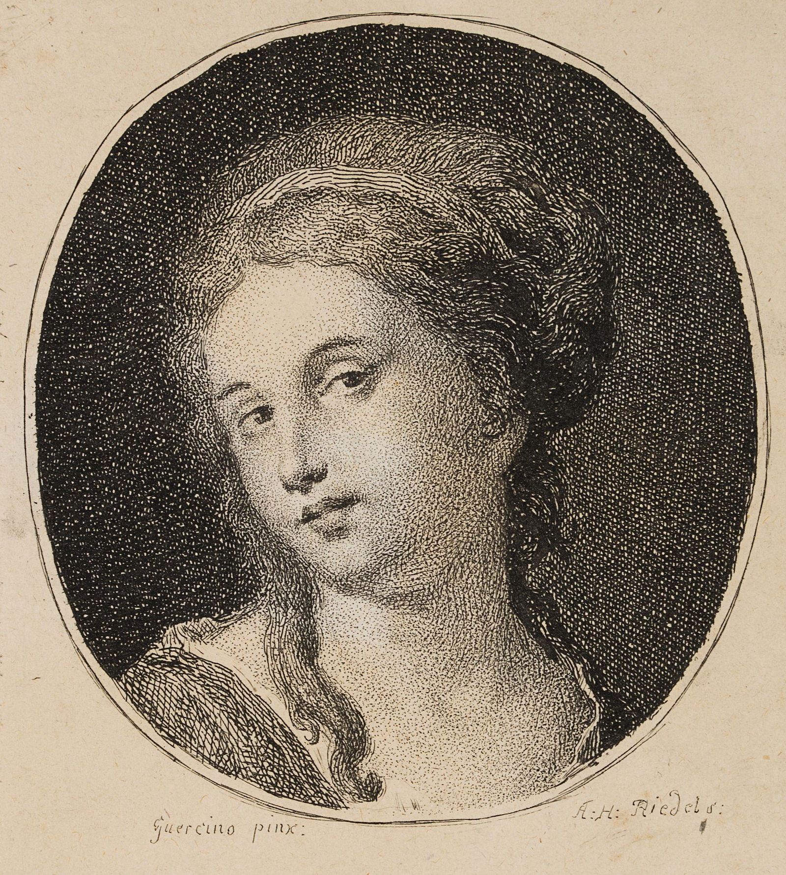 J.RIEDEL(*1736) after Guercino, head of a young woman,: Johann Anton Riedel (1736 Falkenau - 1816 Dresden) after Guercino, head of a young woman, Etching Technique: Etching on paper Size: 5 x 4 1/4 in, Plate: 3 3/4 x 3 in Inscription: Below the image in t