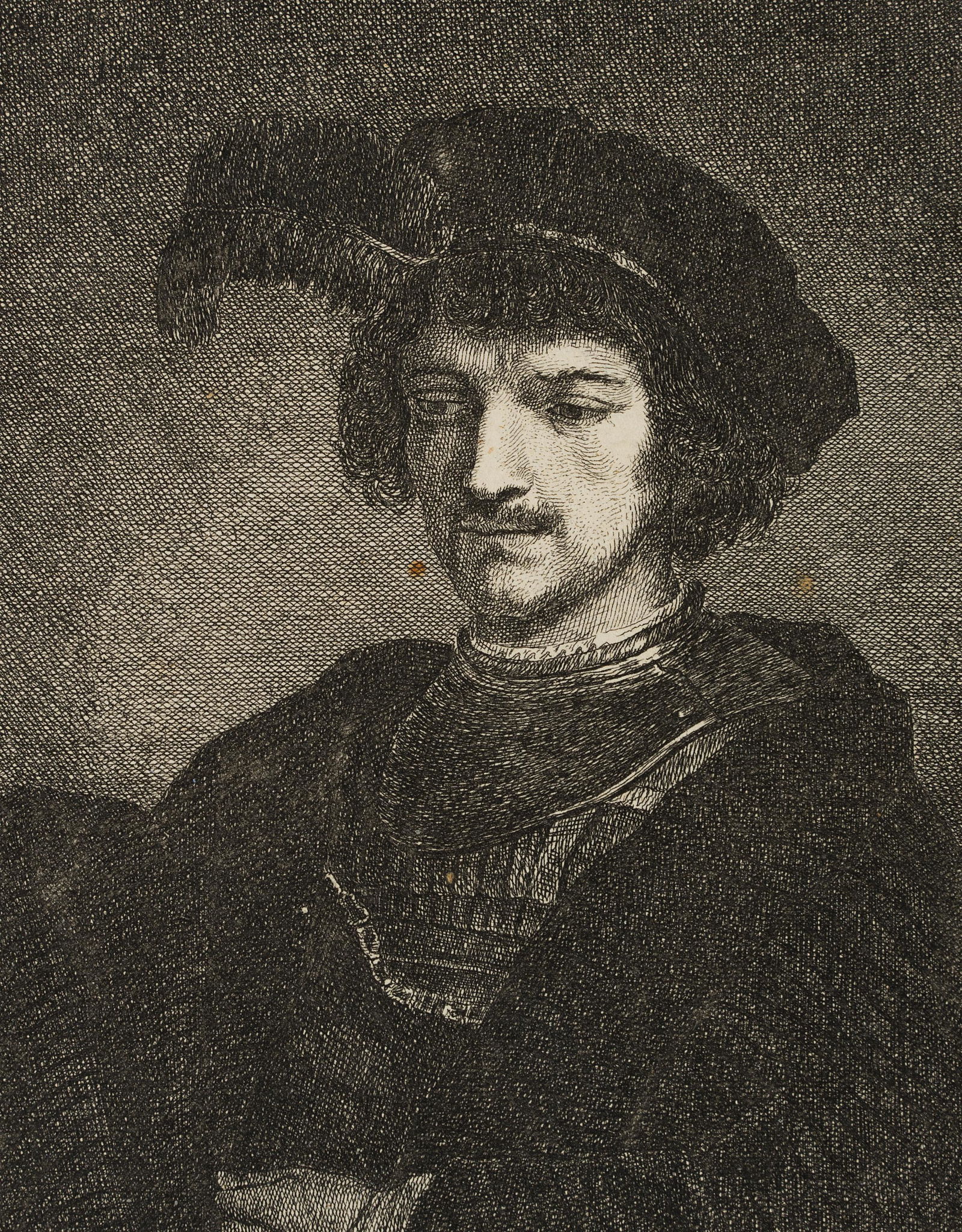 J.RIEDEL(*1736) after Rembrandt, nightwatchman, soldier: Johann Anton Riedel (1736 Falkenau - 1816 Dresden) after Rembrandt, nightwatchman, soldier with feather hat, 1755, Etching Technique: Etching on paper, mounted on paper Size: 7 x 5 3/4 in Inscription: