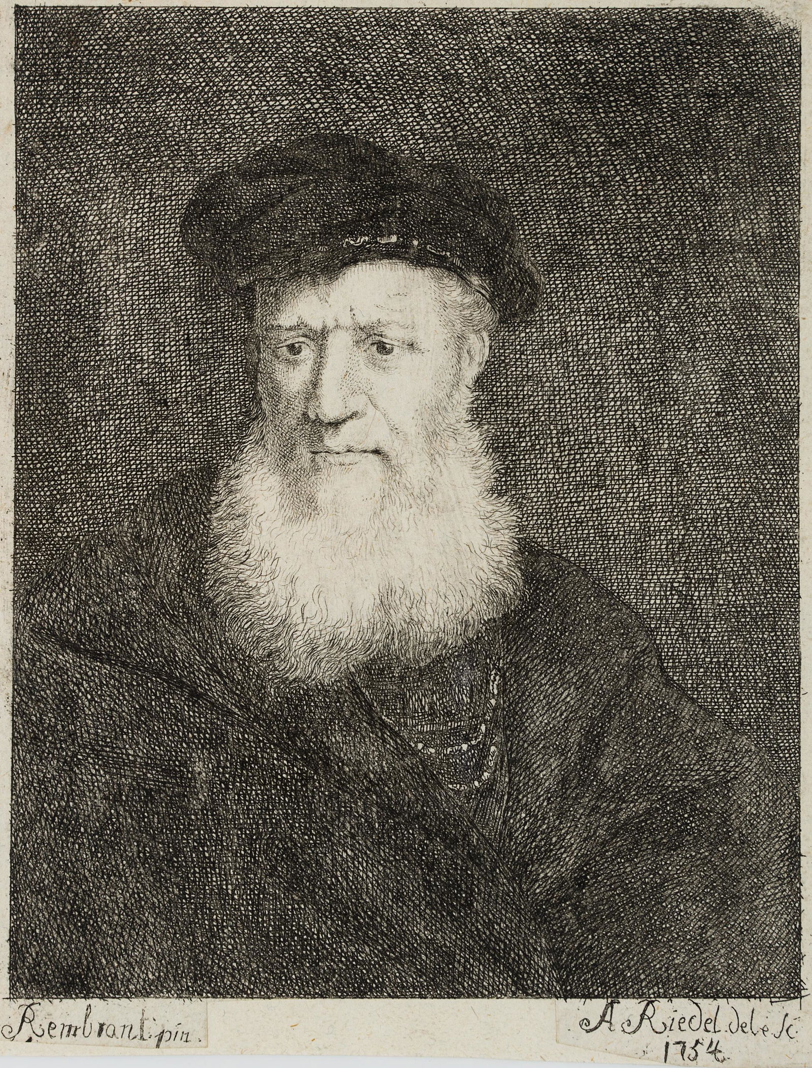 J.RIEDEL(*1736) after Rembrandt, Old man with beard,: Johann Anton Riedel (1736 Falkenau - 1816 Dresden) after Rembrandt, Old man with beard, 1754, Etching Technique: Etching on paper, mounted on paper Size: 5 1/4 x 4 in Inscription: Below the image in t