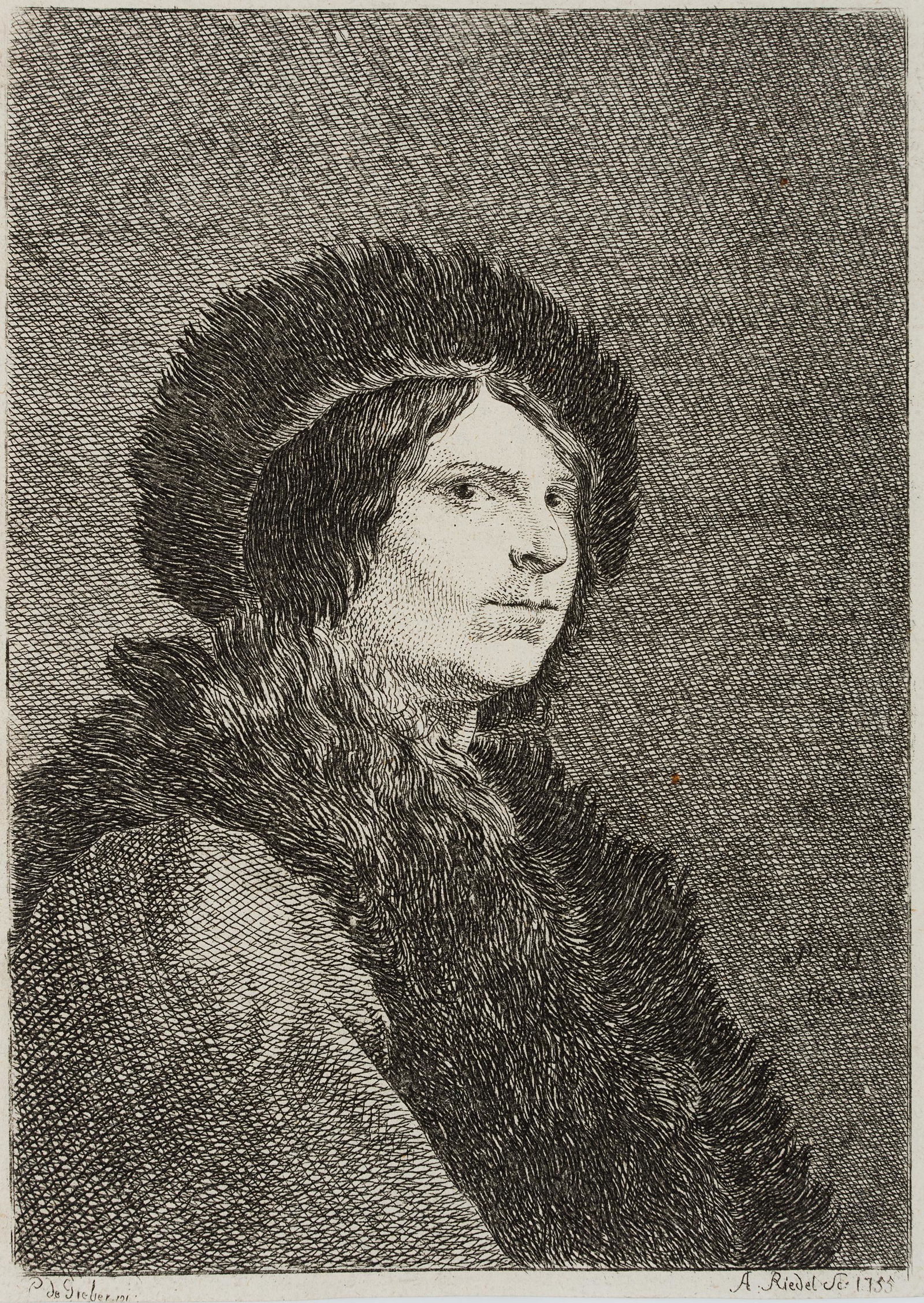 J.RIEDEL(*1736) after Pieter de Greber, Lady in fur,: Johann Anton Riedel (1736 Falkenau - 1816 Dresden) after Pieter de Greber, Lady in fur, 1755, Etching Technique: Etching on paper Size: 6 1/2 x 4 3/4 in Inscription: Below the image in the plate sign