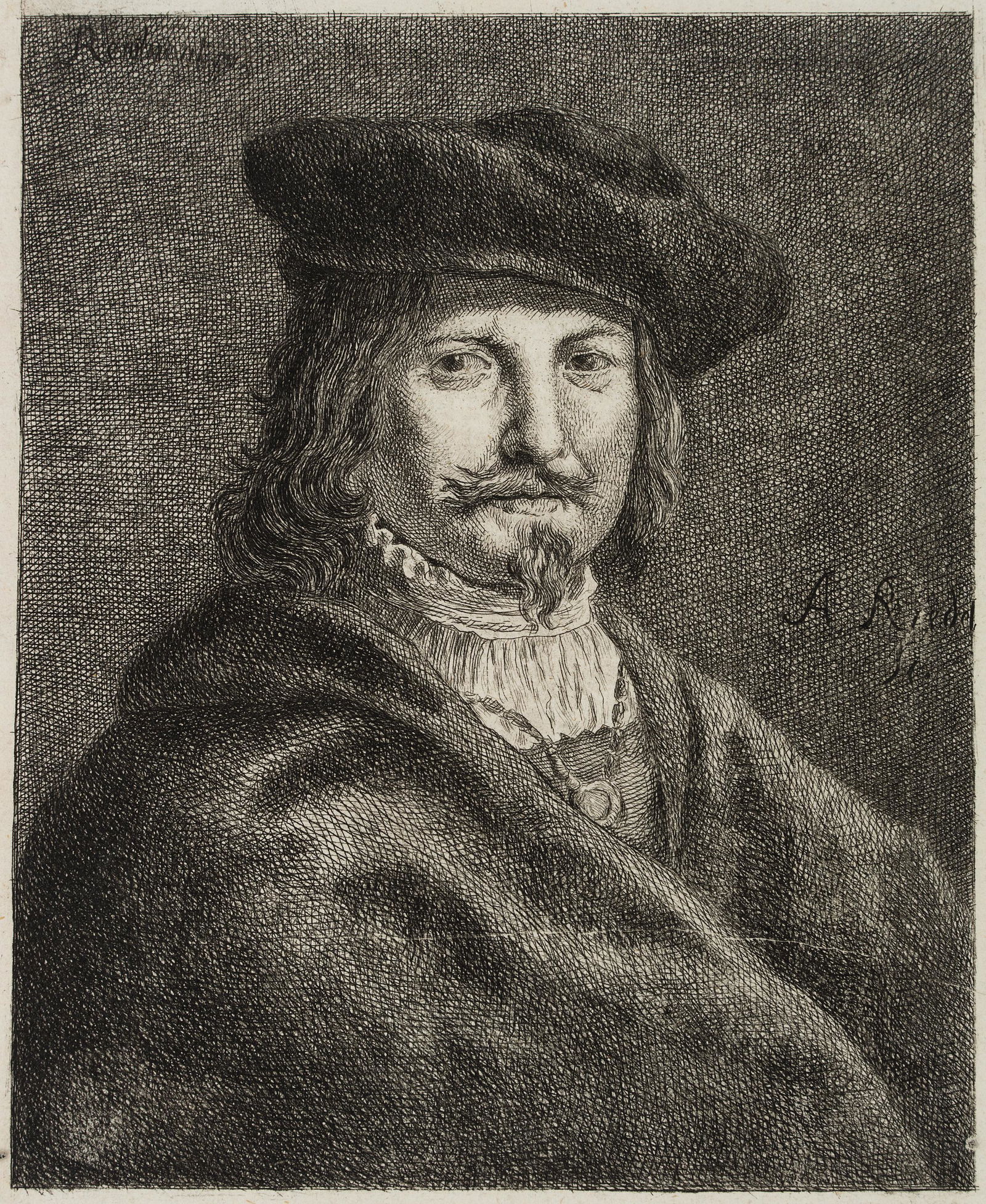 J.RIEDEL(*1736) after Rembrandt, Portrait of a Nobleman: Johann Anton Riedel (1736 Falkenau - 1816 Dresden) after Rembrandt, Portrait of a Nobleman with beret, c. 1755, Etching Technique: Etching on paper Size: 7 x 6 in Inscription: right in the plate sign