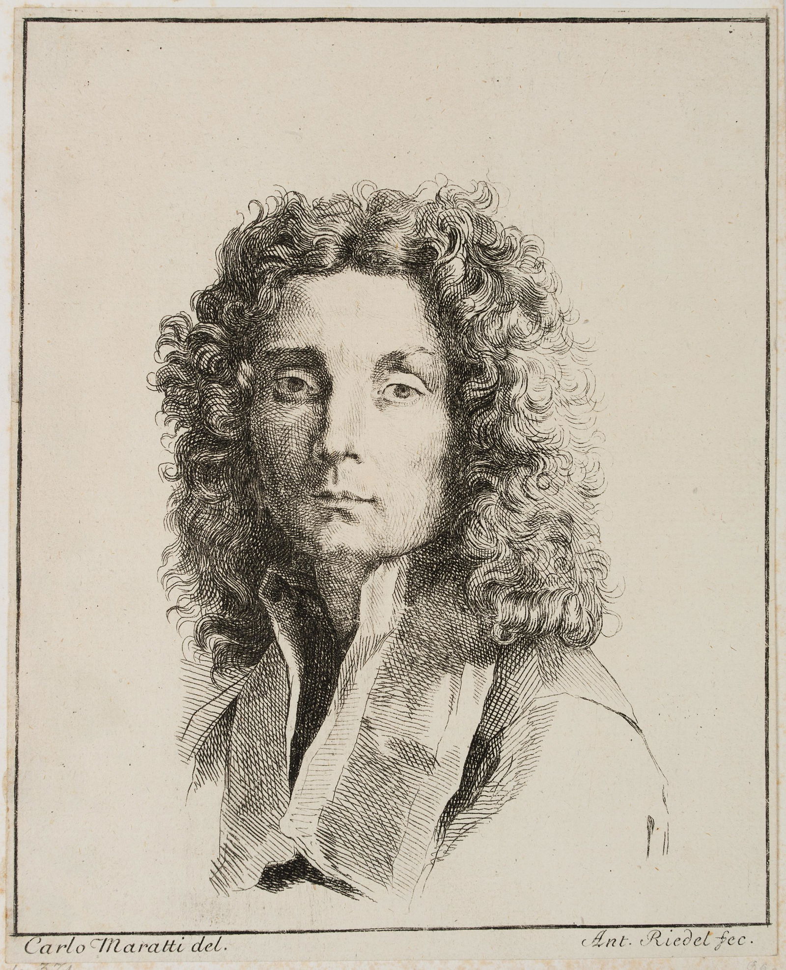 J.RIEDEL(*1736) after Carlo Maratta, Self Portrait of: Johann Anton Riedel (1736 Falkenau - 1816 Dresden) after Carlo Maratta, Self Portrait of the Artist, c. 1755, Etching Technique: Etching on paper Size: 7 1/4 x 5 3/4 in Inscription: Below the image i
