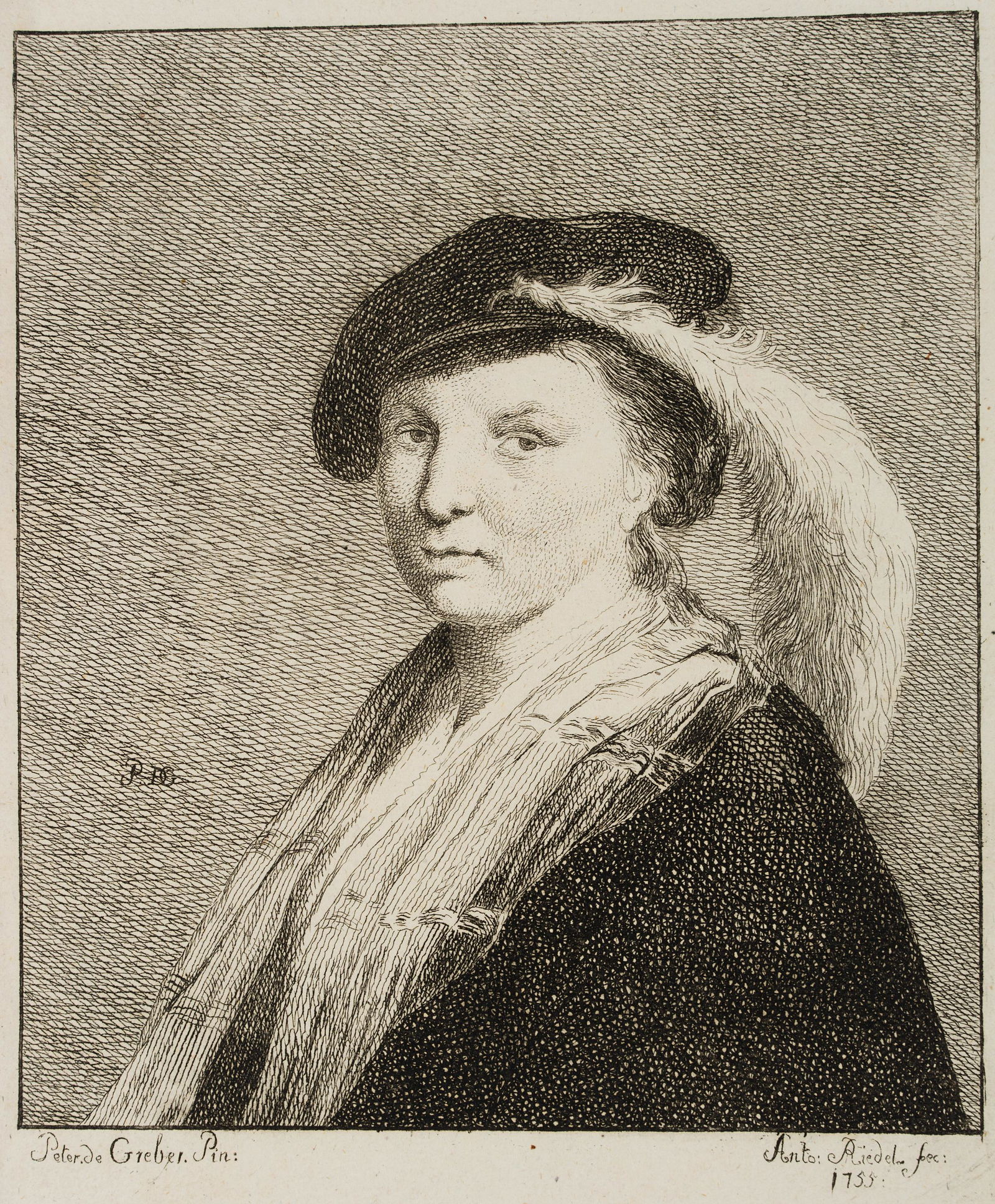 J.RIEDEL(*1736) after Pieter de Greber, Noble lady with: Johann Anton Riedel (1736 Falkenau - 1816 Dresden) after Pieter de Greber, Noble lady with feather hat, 1755, Etching Technique: Etching on paper, mounted on paper Size: 6 3/4 x 5 2/3 in Inscription: