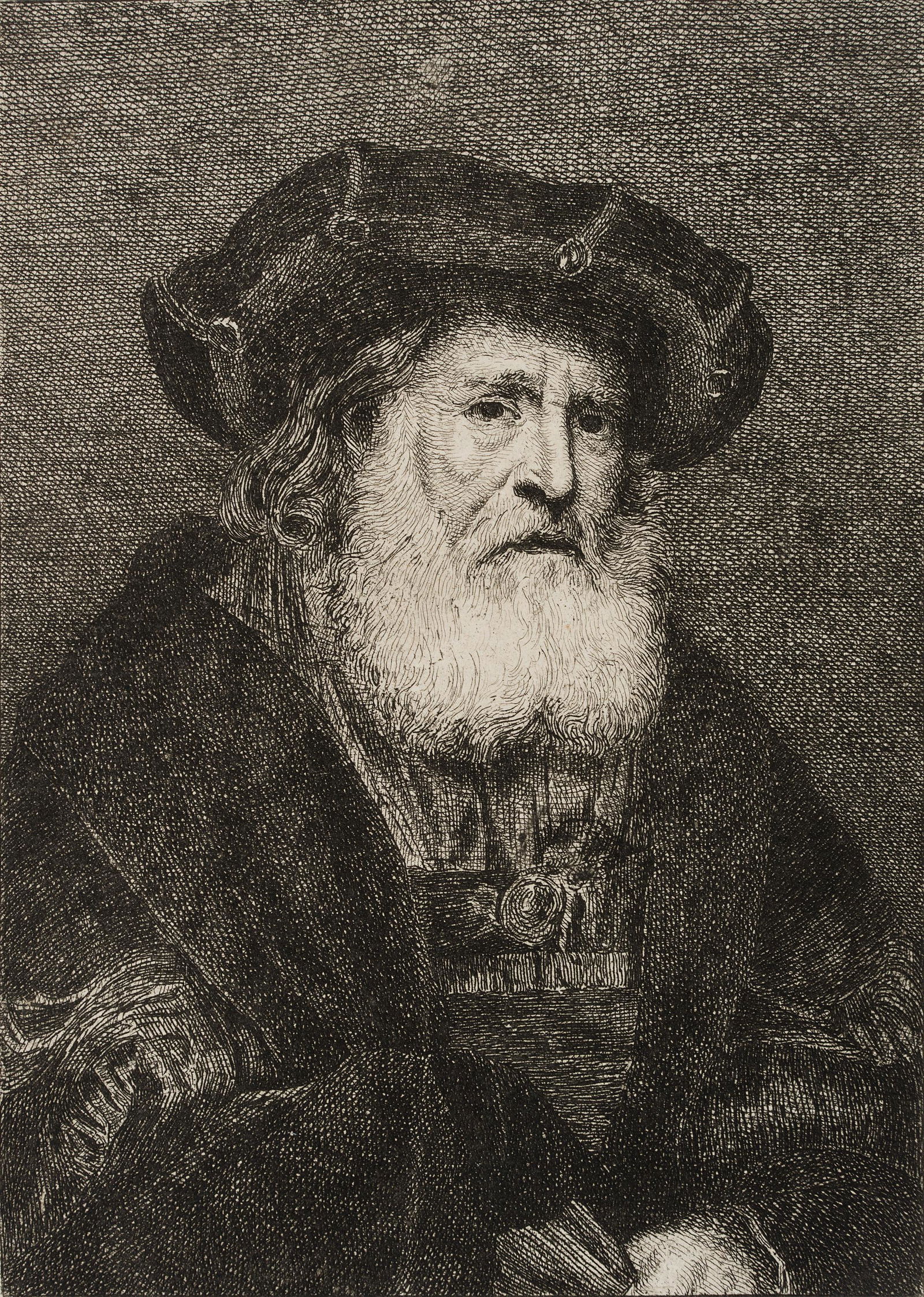 J.RIEDEL(*1736) after Rembrandt, Portrait of a bearded: Johann Anton Riedel (1736 Falkenau - 1816 Dresden) after Rembrandt, Portrait of a bearded Man, c. 1755, Etching Technique: Etching on paper Size: 6 1/3 x 4 2/3 in Condition: Very good condition. The