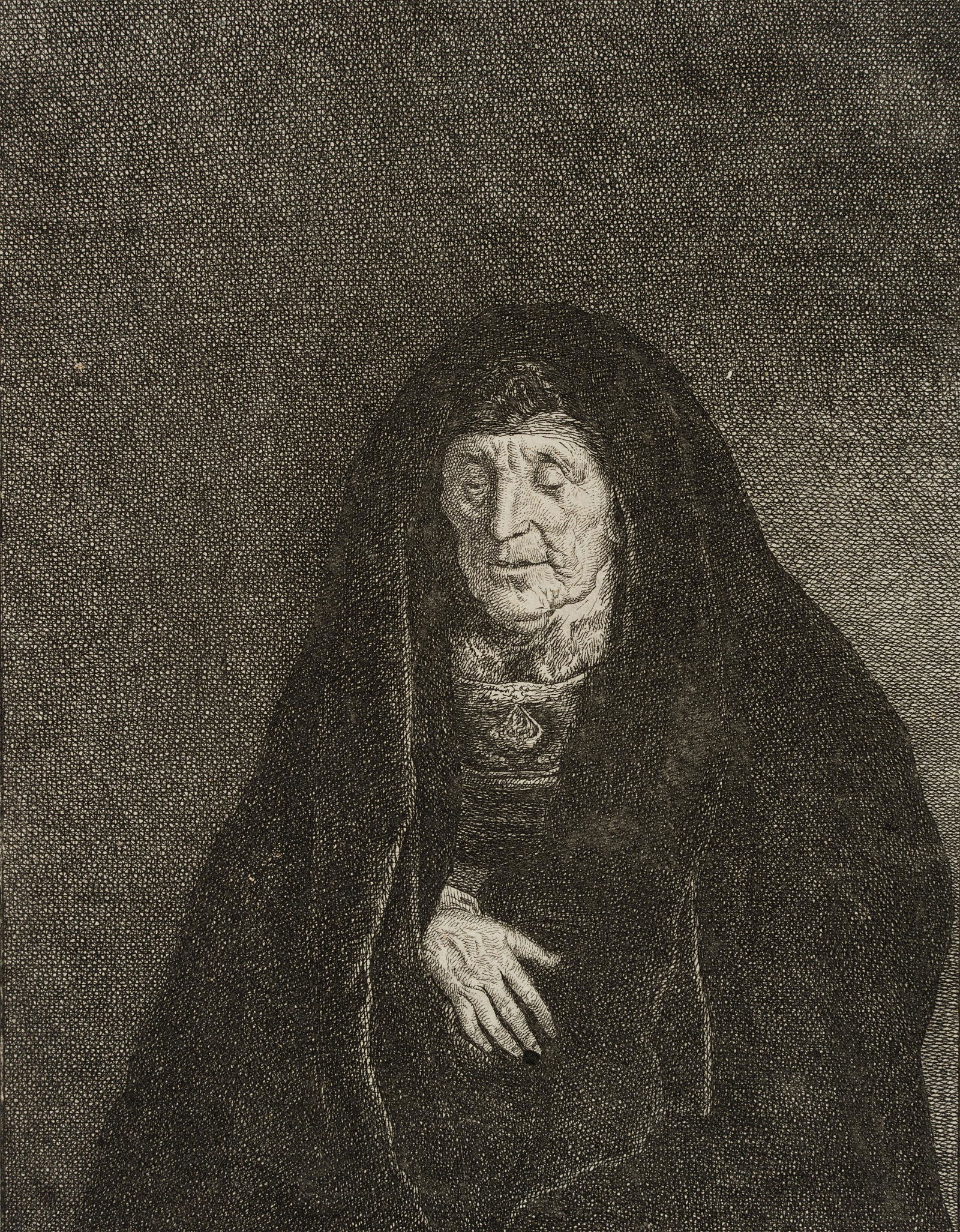 J.RIEDEL(*1736) after Rembrandt, Portrait of a veiled: Johann Anton Riedel (1736 Falkenau - 1816 Dresden) after Rembrandt, Portrait of a veiled old woman in a mourning dress, perhaps Rembrandt's mother, 1755, Etching Technique: Etching on paper Size: 6 1