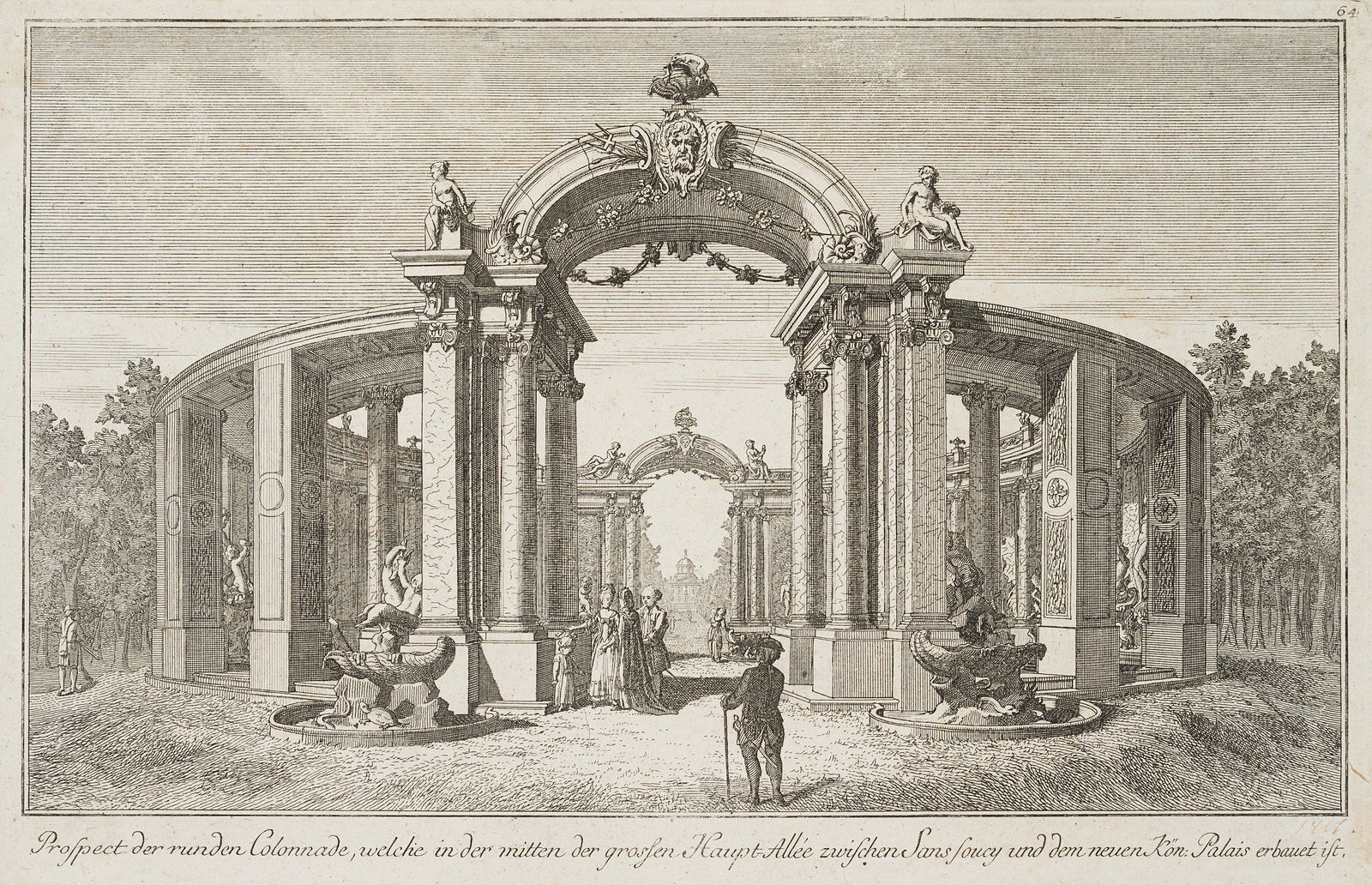 J.SCHLEUEN(*1739), View of the colonnades in Sanssouci: Johann David Schleuen the younger (1739 Berlin - 1784 Berlin), View of the colonnades in Sanssouci Park near Potsdam, c. 1770, Etching Technique: Etching on paper Size: 8 2/3 x 13 in, Plate: 8 1/2 x 1