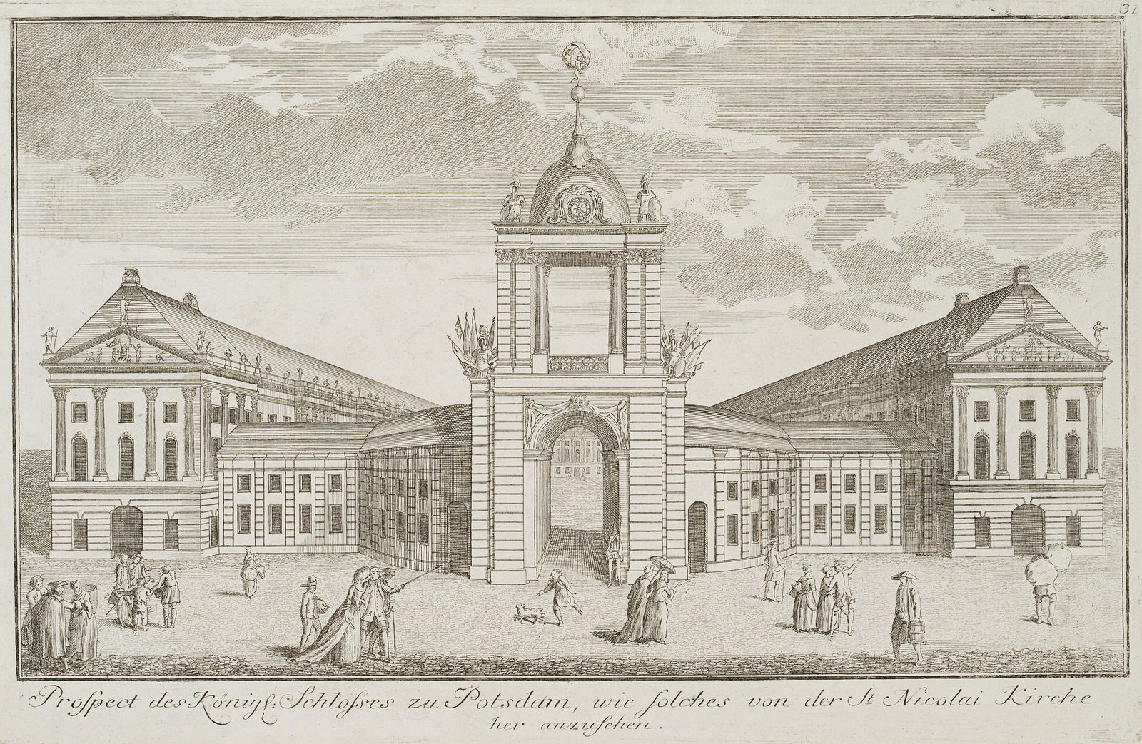 J.SCHLEUEN(*1739), View of the main portal to Potsdam: Johann David Schleuen the younger (1739 Berlin - 1784 Berlin), View of the main portal to Potsdam City Palace, c. 1770, Etching Technique: Etching on paper Size: 10 1/2 x 15 1/4 in, Plate: 8 1/4 x 12