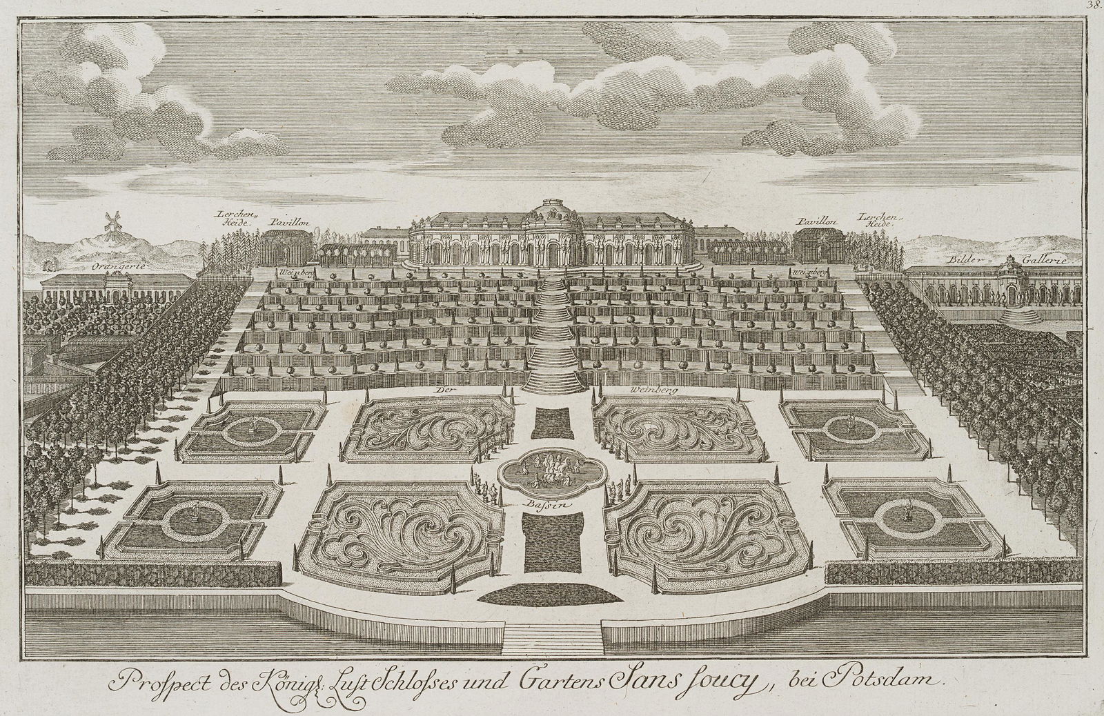 J.SCHLEUEN(*1739), View of Garden and Palace Sanssouci: Johann David Schleuen the younger (1739 Berlin - 1784 Berlin), View of Garden and Palace Sanssouci near Potsdam, c. 1756, Etching Technique: Etching on paper Size: 10 1/2 x 15 1/4 in, Plate: 8 1/2 x 1