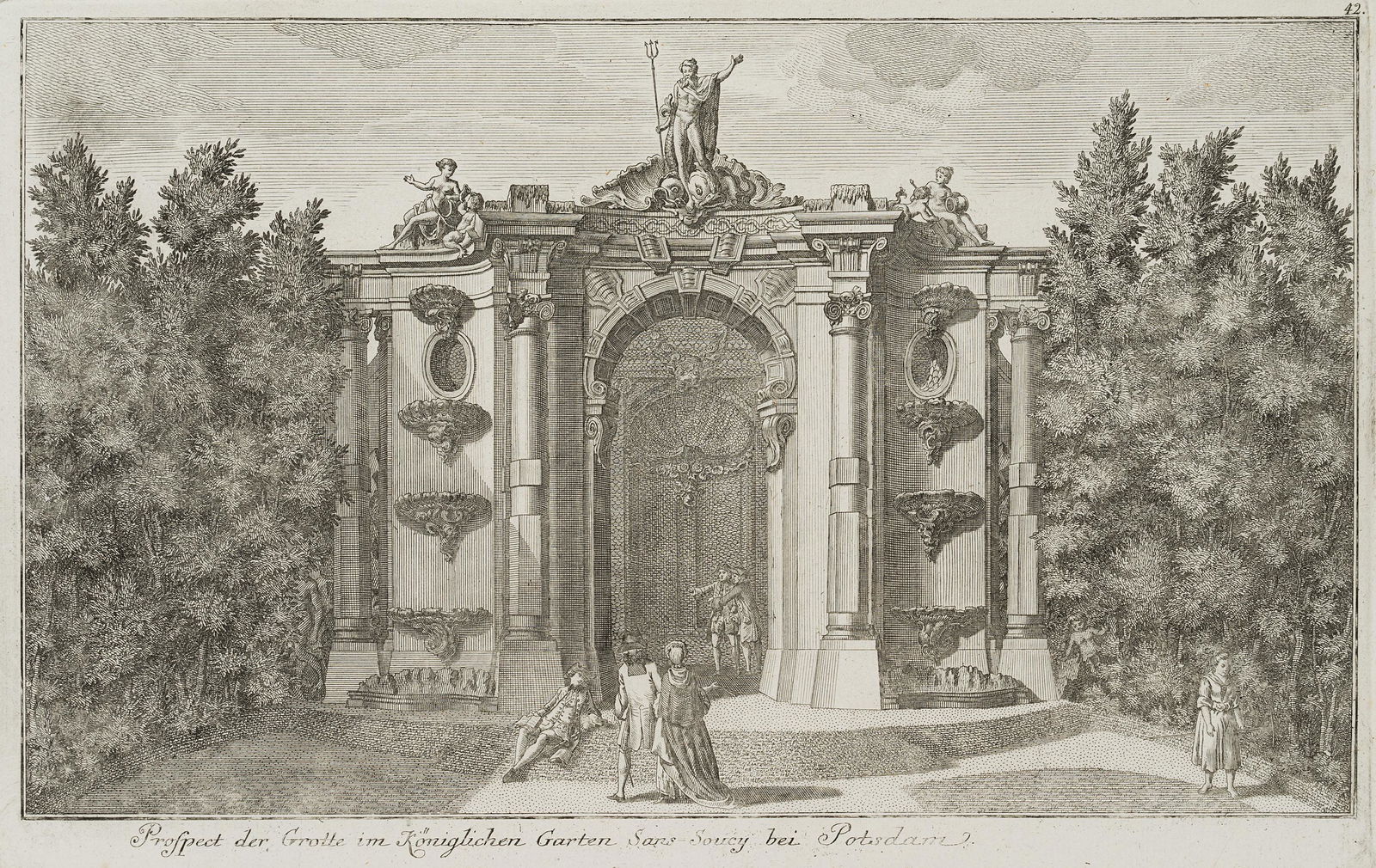 J.SCHLEUEN(*1739), View of the grotto in the royal: Johann David Schleuen the younger (1739 Berlin - 1784 Berlin), View of the grotto in the royal garden of Sanssouci near Potsdam, c. 1770, Etching Technique: Etching on paper Size: 10 1/2 x 15 1/4 in,