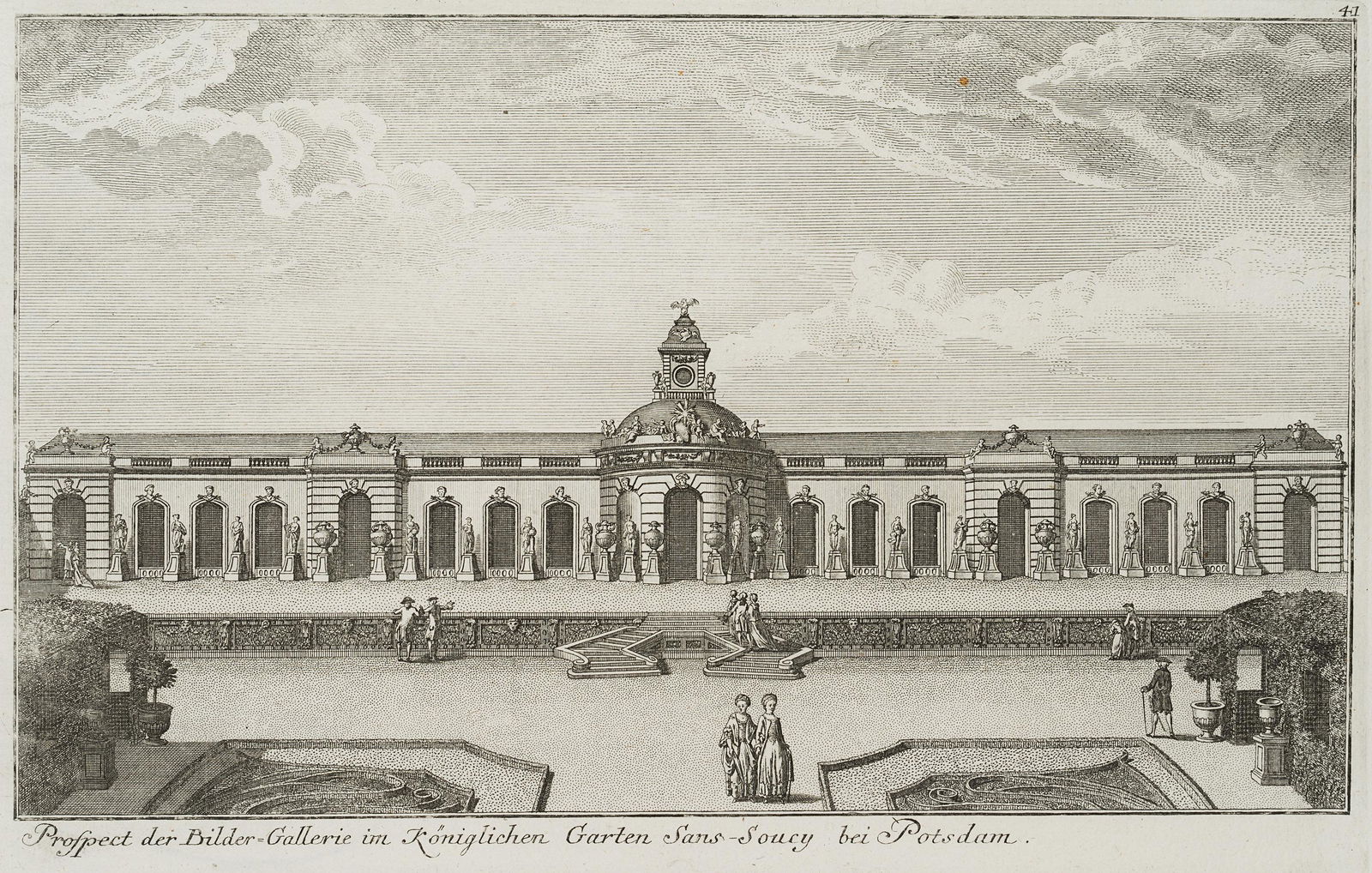 J.SCHLEUEN(*1739), View of the Sanssouci Picture: Johann David Schleuen the younger (1739 Berlin - 1784 Berlin), View of the Sanssouci Picture Gallery near Potsdam, c. 1770, Etching Technique: Etching on paper Size: 10 1/4 x 15 1/2 in, Plate: 8 1/3 x