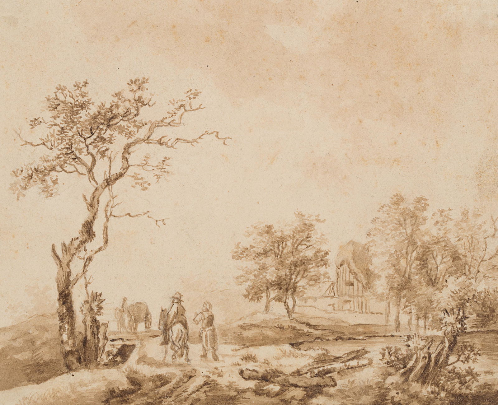J.WAGNER(*1744), Travellers in a landscape, 18th: Johann Georg Wagner (1744 Meißen - 1767 Meißen) attributed, Travellers in a landscape, 18th century, Brush drawing Technique: Brush drawing on paper Size: 5 2/3 x 7 in Inscription: verso by