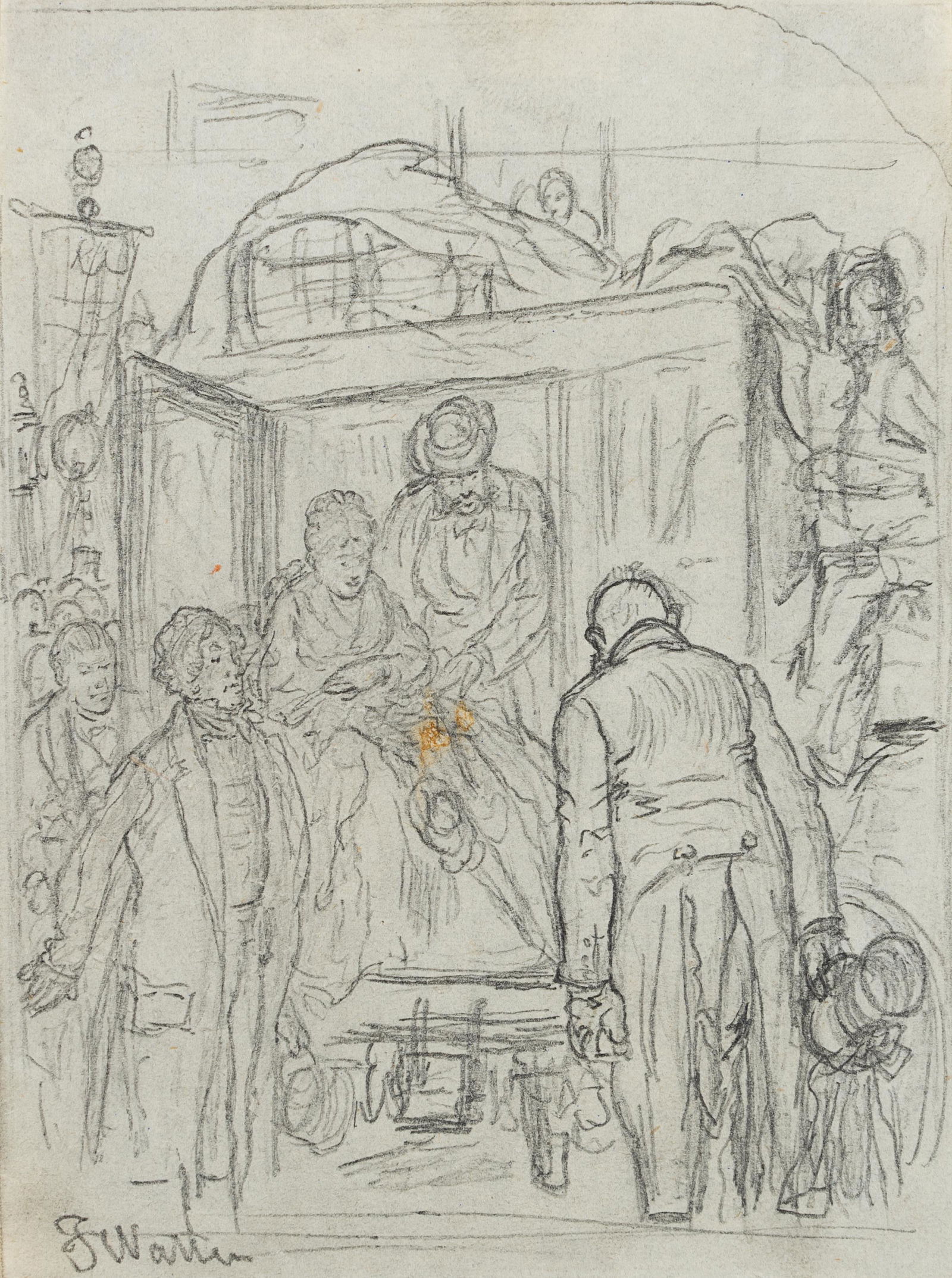 J.WATTER(*1838), Costume picture, Gentleman and Lady: Joseph Watter (1838 Regensburg - 1913 München), Costume picture, Gentleman and Lady get out of a carriage, 20th century, Pencil drawing Technique: Pencil drawing on Paper Size: 4 x 3 in Inscripti