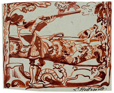 L.HERTERICH(*1856), Caricature of hunting, c. 1914, pen: Ludwig von Herterich (1856 Ansbach - 1932 Etzenhausen), Caricature of hunting, c. 1914, pen drawing Technique: Pen drawing in red ink on paper, mounted on cardboard Size: 6 x 7 3/4 in Inscription: low