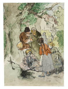 L.RACH(*1853), Burial under the oak tree, 20th century,: Ludwig Rach (*1853 Hattersheim), Burial under the oak tree, 20th century, washed pen drawing Technique: Washed pen drawing with black ink on paper Size: 5 2/3 x 4 in Inscription: verso collector's sta