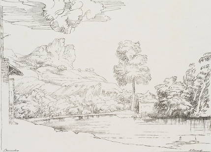 N.STRIXNER(*1782) after Domenichino(*1581), River: Nepomuk Strixner (1782 Altöttingen - 1855 München) after Domenichino(*1581), River landscape, c. 1808-1815, Pen Lithograph Technique: Pen Lithograph on paper Size: 8 x 11 in Inscription: lo