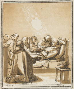 N.STRIXNER(*1782) after A.Sachi(?), Monks around a: Nepomuk Strixner (1782 Altöttingen - 1855 München) after A.Sachi(?), Monks around a brother's deathbed, c. 1808-1815, Pen Lithograph Technique: Pen Lithograph over tinted plate with scratchi