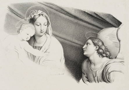 Nepomuk Strixner (1782-1855), Mary with child and: Nepomuk Strixner (1782 Altöttingen - 1855 München), Mary with child and angel, 1824, Lithograph Technique: Lithograph on paper Size: 6 1/2 x 9 1/4 in Inscription: lower middle in the stone