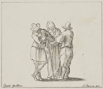N.STRIXNER(*1782) after Canta Gallina: Three farmers in: Nepomuk Strixner (1782 Altöttingen - 1855 München) after Canta Gallina: Three farmers in conversation, c. 1808-1815, Lithograph Technique: Lithograph on paper Size: 3 1/4 x 3 3/4 in Inscrip