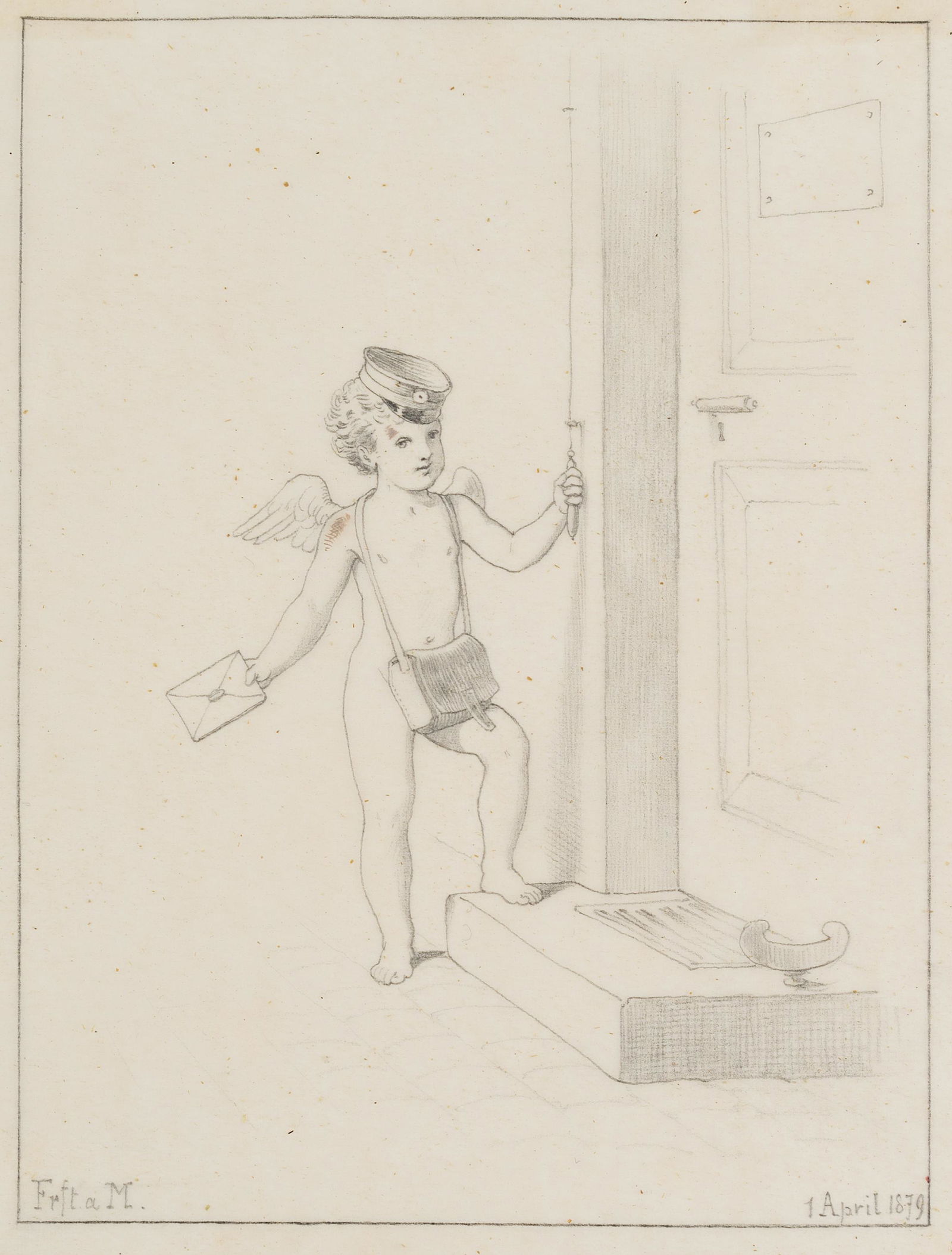 O.HENDSCHEL(*1845), Messenger of love, 1879, Pencil: Ottmar Hendschel (1845 Frankfurt am Main - 1923 ) attributed, Messenger of love, 1879, Pencil drawing Technique: Pencil drawing on transparent paper Size: 6 x 4 3/4 in Inscription: lower inscribed and