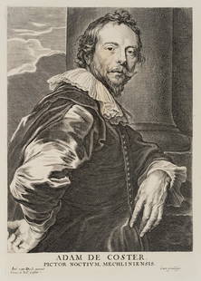 P.DE JODE(*1604) after A.DYCK, Flemish painter Adam de: Pieter de Jode (1604 Antwerpen - nach 1674 England) after Anthonis van Dyck, portrait of the Flemish painter Adam de Coster (c. 1586-1643), 17th century, Copper Engravin Technique: Copper Engraving on