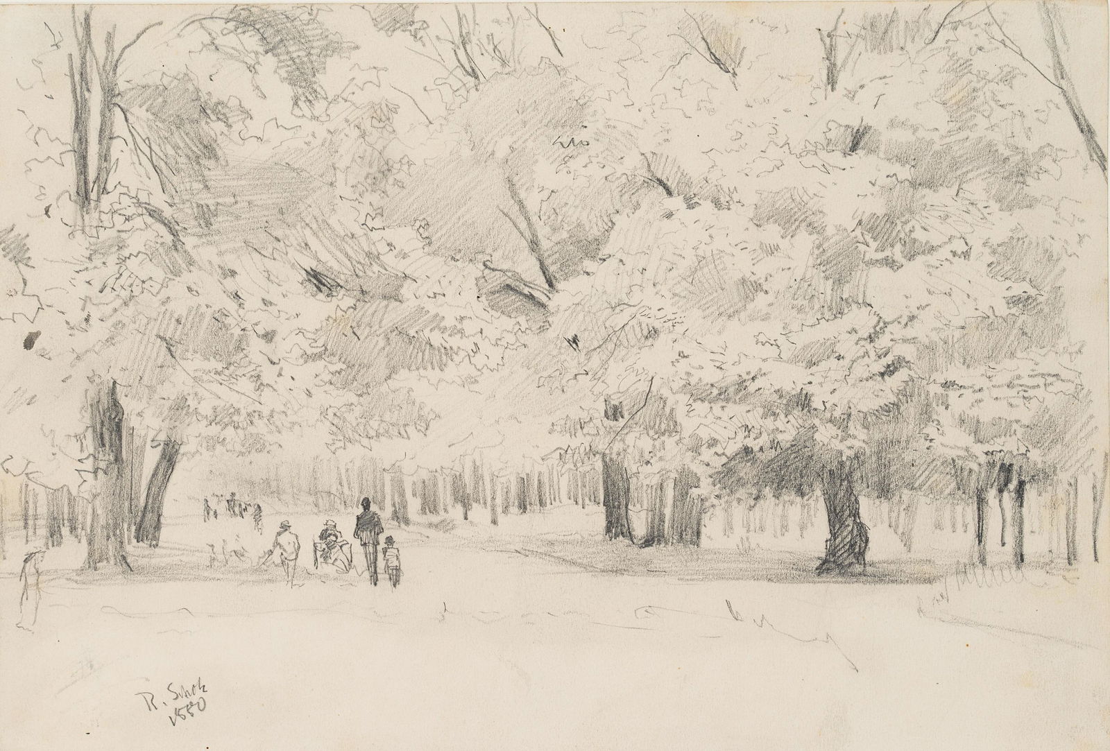 R.SCHOLZ(*1860), Citizens strolling along a parkway,: Richard Scholz (1860 Hannover - um 1938 München?), Citizens strolling along a parkway, 1880, Pencil drawing Technique: Pencil drawing on Paper Size: 7 1/4 x 10 1/2 in Inscription: lower left by t