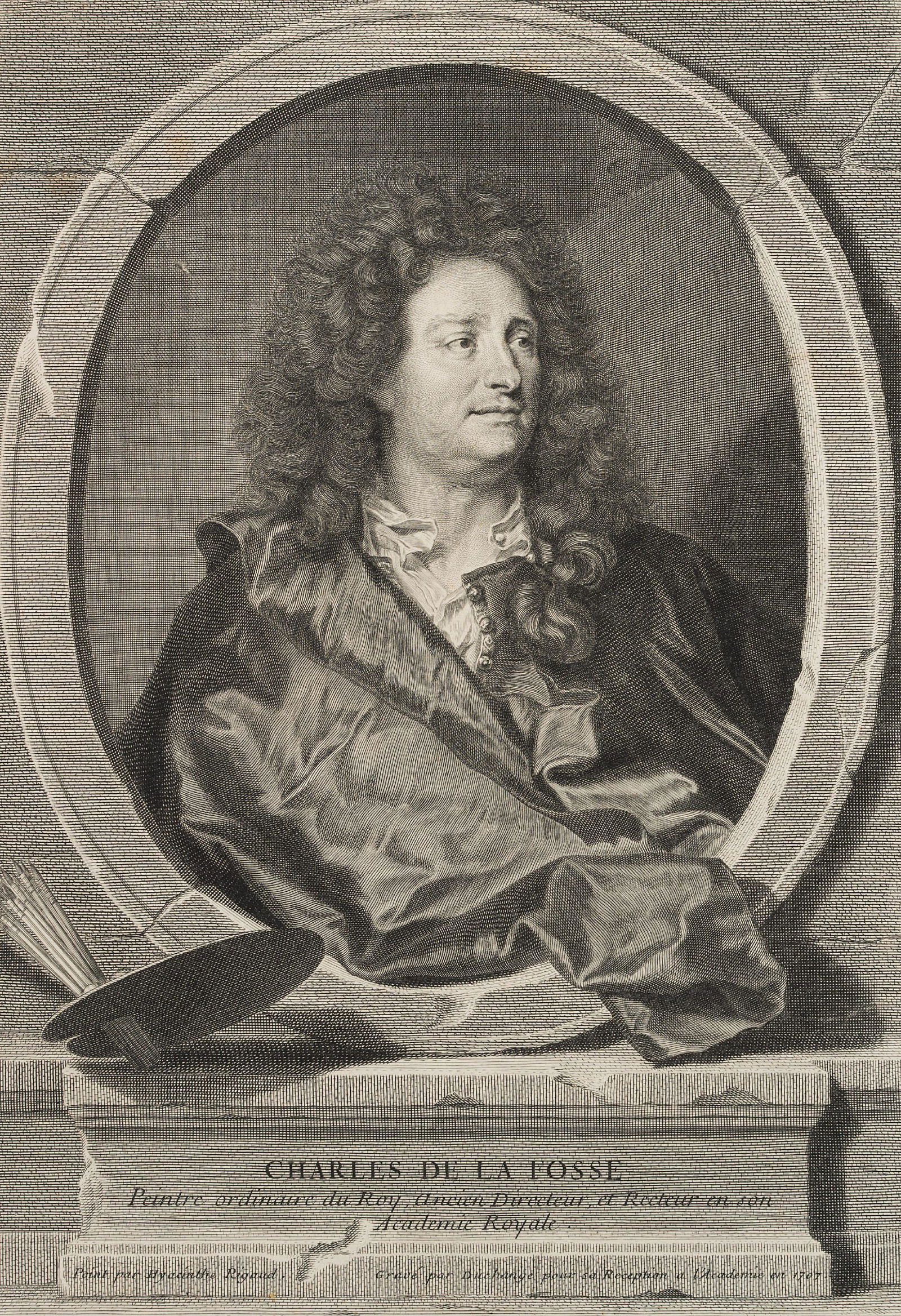 G.DUCHANGE (*1662) after RIGAUD (*1659), Portrait of: Gaspard Duchange (1662 Paris - 1757 ibid.) after Hyacinth Rigaud (1659 - 1743 ), Portrait of the Malers Charles de La Fosse, 1707, Copper engraving Technique: Copper engraving on Paper Inscription: Lo