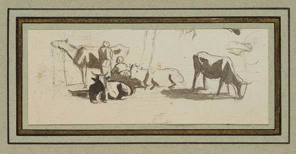 DE MARNETTE (1752-1829), Two figure study with cows and: Jean-Louis Demarne, called 'De Marnette' (um 1752 Brüssel - 1829 Paris), Two figure study with cows and riders, c. 1800, Indian ink Technique: Indian ink over Red chalk drawing on Paper Provenanc