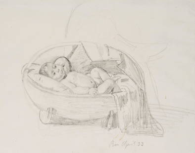 T.WELLER (1802-1880), Child in the cot, 1833, Pencil: Theodor Leopold Weller (1802 Mannheim - 1880 ibid.), Child in the cot, 1833, Pencil Technique: Pencil on Paper Provenance: From the estate of the artist Inscription: Inscribed and dated at the bottom