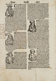 H. SCHEDEL (1440-1514), The fifth age of the world, 1496, Woodcut: Hartmann Schedel (1440 Nuremberg - 1514 ibid.): The fifth age of the world With ancient statesmen Illustrated double page, 1496, WoodcutTechnique: Woodcut on PaperInscription: Upper middle