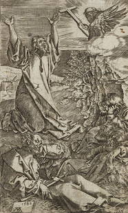 D. STEMPELIUS (16th) after DÜRER (*1471), Christ on the Mount of Olives with angels appearing: D. Gerhard Stempelius (16th century) after Albrecht Dürer (1471 Nuremberg - 1528 ibid.): Biblical depiction Christ on the Mount of Olives with sleeping disciples and angels appearing to him, 