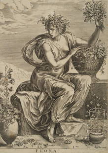 A. COLLAERT (*1560) after FLORIS (*1516), Flora, 1599, Copper engraving: Adriaen Collaert (around 1560 Antwerp - around 1618 ibid.) after Frans Floris (1516 Antwerp - 1570 ibid.): Flora, allegory of the plant world, 1599, Copper engravingTechnique: Copper engraving on