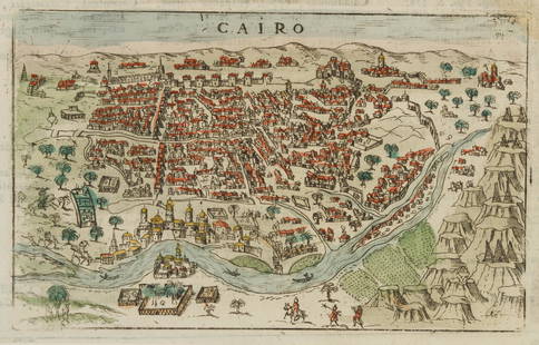 F. VALEGIO (*1560) after HOGENBERG (*1535), Bird Show Plan Cairo, around 1595, Copper engraving: Francesco Valegio (1560 Bologna - after 1646 ) after Franz Hogenberg (1535 Mechen - 1590 Cologne): Bird Show Map of the City of Cairo, Egypt, c. 1595, Copper engravingTechnique: Hand colored Copper