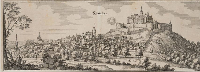 M. MERIAN (1593-1650), Königstein in the Taunus, Copper engraving: Matthäus Merian sen. (1593 Basel - 1650 Schwalbach): View of Königstein im Taunus from the north, 16th century, Copper engraving Technique: Copper engraving on Paper Inscription: Upper middl