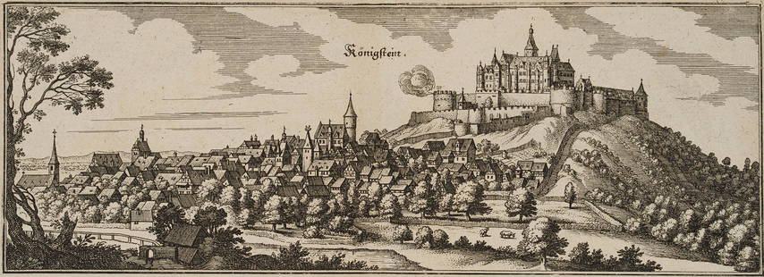 M. MERIAN (1593-1650), Königstein im Taunus from the north, Etching: Matthäus Merian sen. (1593 Basel - 1650 Schwalbach): View of Königstein im Taunus from the north, 16th century, EtchingTechnique: Etching on PaperInscription: Upper middle inscribed in