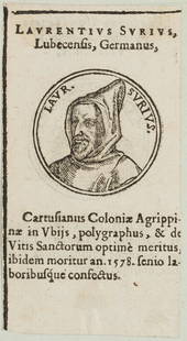 Unknown (16th), Laurentius Surius (1522-1578), Carthusian and hagiographer, Woodcut: Unknown (16th century): Laurentius Surius (1522-1578), Carthusian and hagiographer, 16th century, WoodcutTechnique: Woodcut on Paper, mounted on PaperInscription: Inscribed in the printing plate: