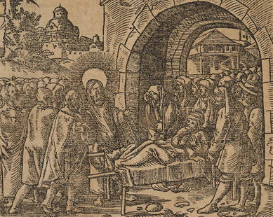 Unknown (16th), Jesus heals the sick, Bible scene, around 1570, Woodcut: Unknown (16th century): Miracle depiction Jesus heals the sick, Bible scene, c. 1570, WoodcutTechnique: Woodcut on Paper, mounted on PaperDate: c. 1570Description: Biblical figure scene from the