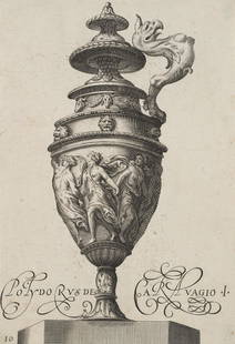 E. SADELER (*1570) after BORGHEGGIANO (*1553), Vase nach Caravaggio, around 1605, Copper engraving: Egidius II Sadeler (around 1570 Antwerp - 1629 Prag) after Borgheggiano: Cherubino Alberti (1553 Borgo Sansepolcro - 1615 Rom): Verzierte Vase nach Polidoro da Caravaggio, c. 1605, Copper