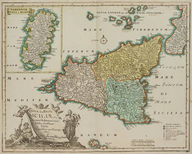 M. KAUFFER (*1673) after WEIGEL (*1654), Map of Sicily & Sardinia, 1718, Copper engraving: Michael Kauffer (1673 - 1756 ) after Johann Christoph Weigel (1654 Redwitz - 1725 Nuremberg): Map of Sicily & Sardinia Topography Mediterranean Islands, 1718, Copper engraving Technique: Hand colored